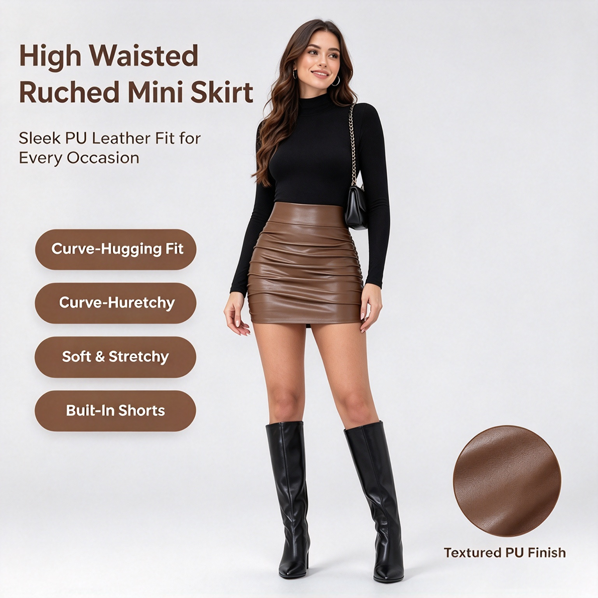 high waisted tummy control ruched curved hem 2 in 1 fleece pu mini bodycon skirt landing 05