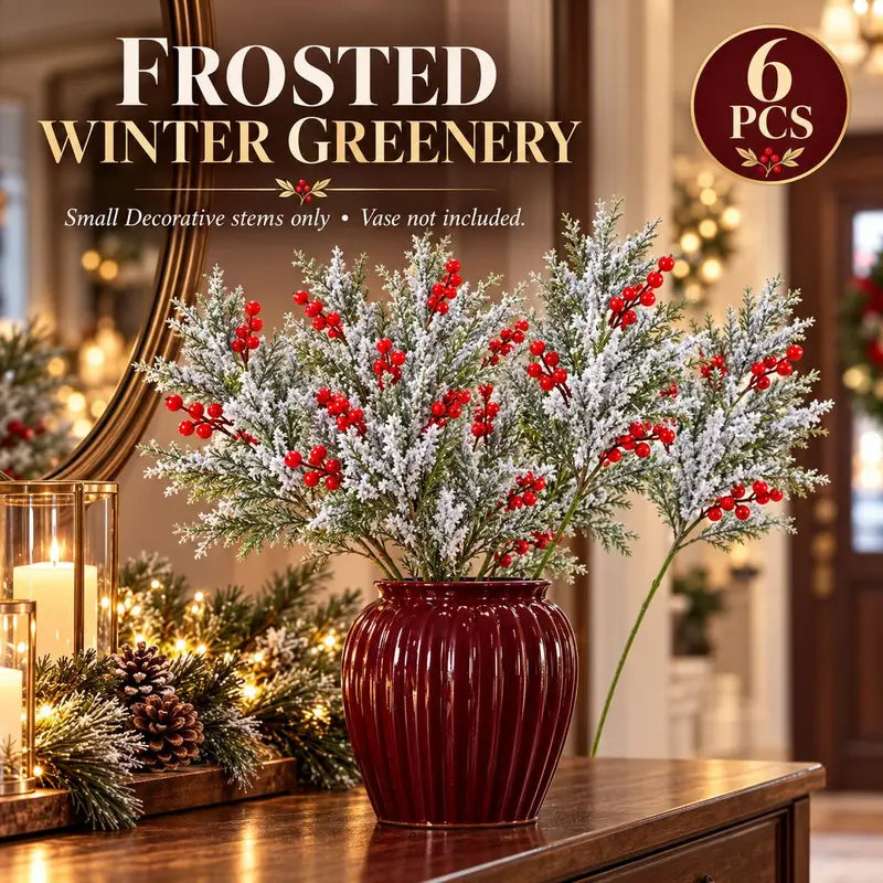 6 Pcs Artificial Frosted Christmas Pine-Cedar Stems with Red Berries, Snowy Evergreen Picks for Holiday Vase Decor 🎄