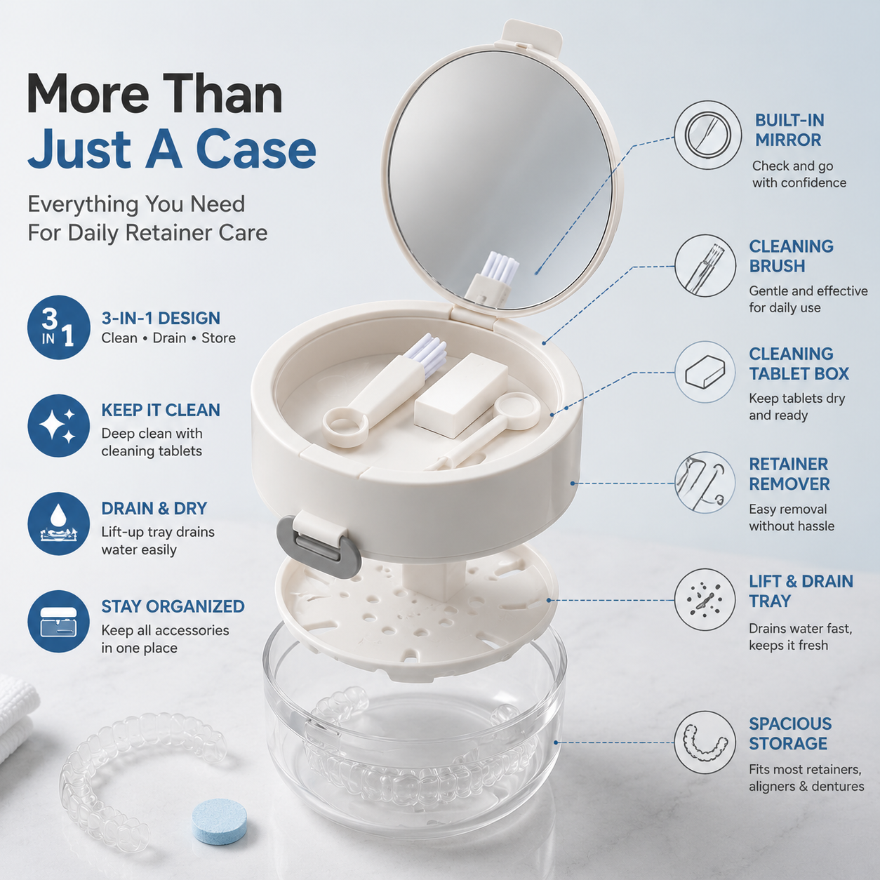 ✨ Portable 3-in-1 Retainer Cleaner Case | Clean, Drain, Dry & Store Aligners, Mouth Guards and Dentures in One Compact Organizer