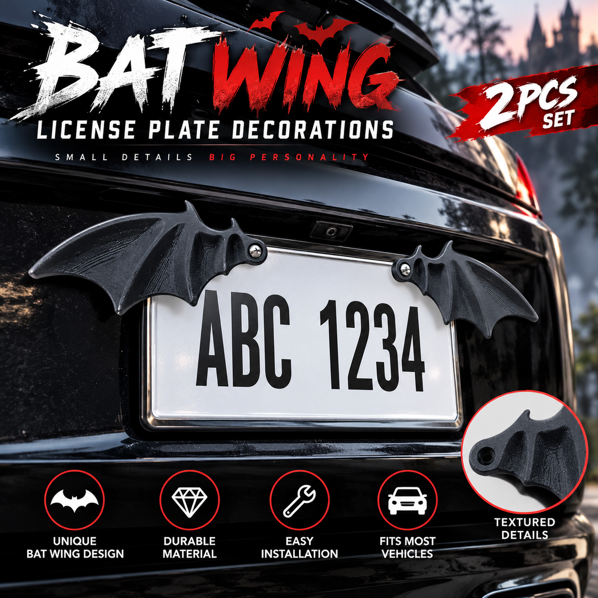 🦇🖤 Midnight Wings – Bat Wing License Plate Decorations