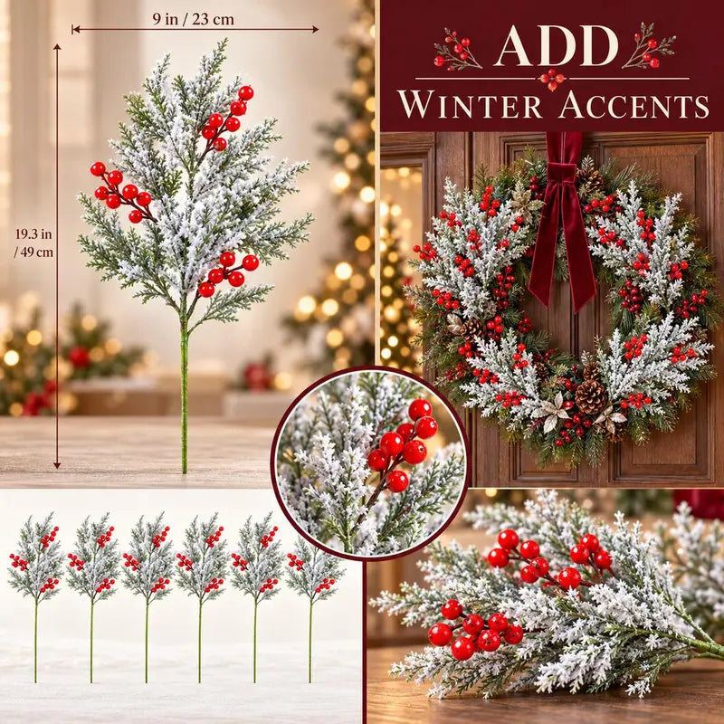 6 Pcs Artificial Frosted Christmas Pine-Cedar Stems with Red Berries, Snowy Evergreen Picks for Holiday Vase Decor 🎄