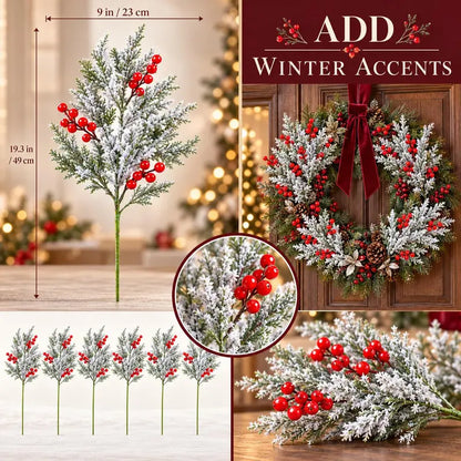6 Pcs Artificial Frosted Christmas Pine-Cedar Stems with Red Berries, Snowy Evergreen Picks for Holiday Vase Decor 🎄
