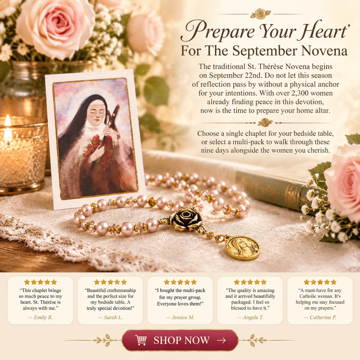st therese little flower rose novena chaplet blush pearl prayer beads landing 09