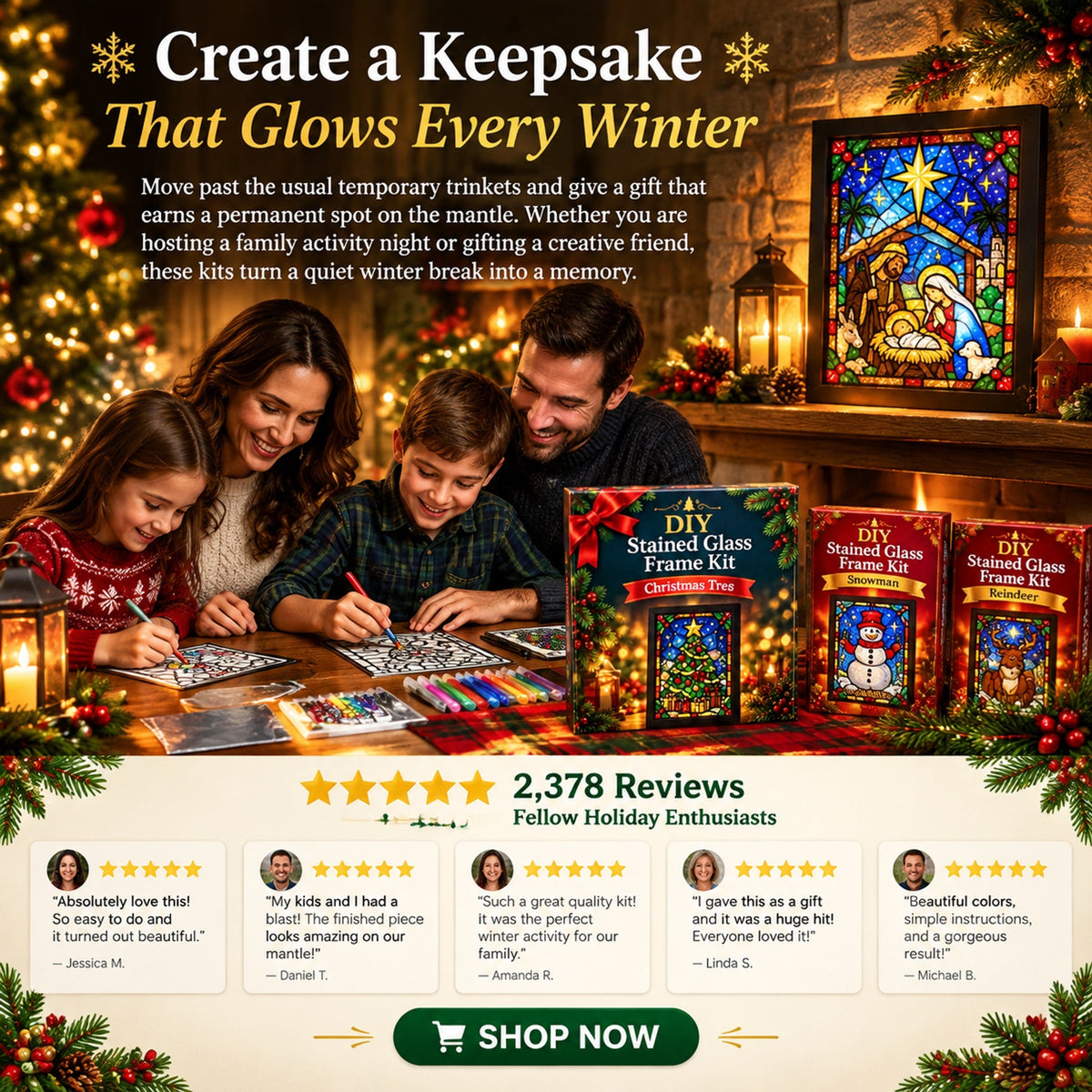 beginner friendly christmas stained glass style frame kit 8 festive designs with pens foil frame landing 09