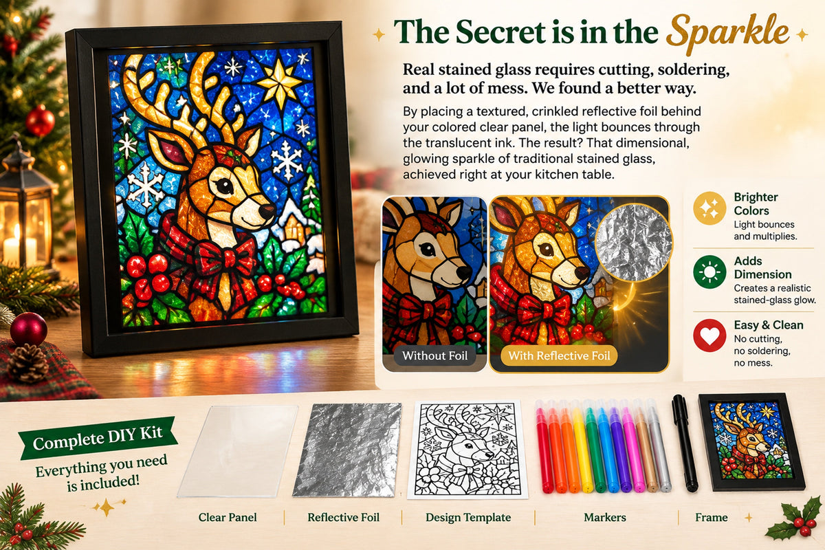 beginner friendly christmas stained glass style frame kit 8 festive designs with pens foil frame landing 05