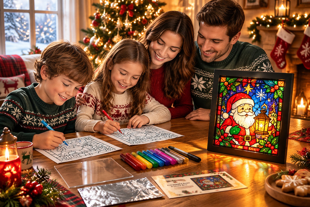 beginner friendly christmas stained glass style frame kit 8 festive designs with pens foil frame landing 04