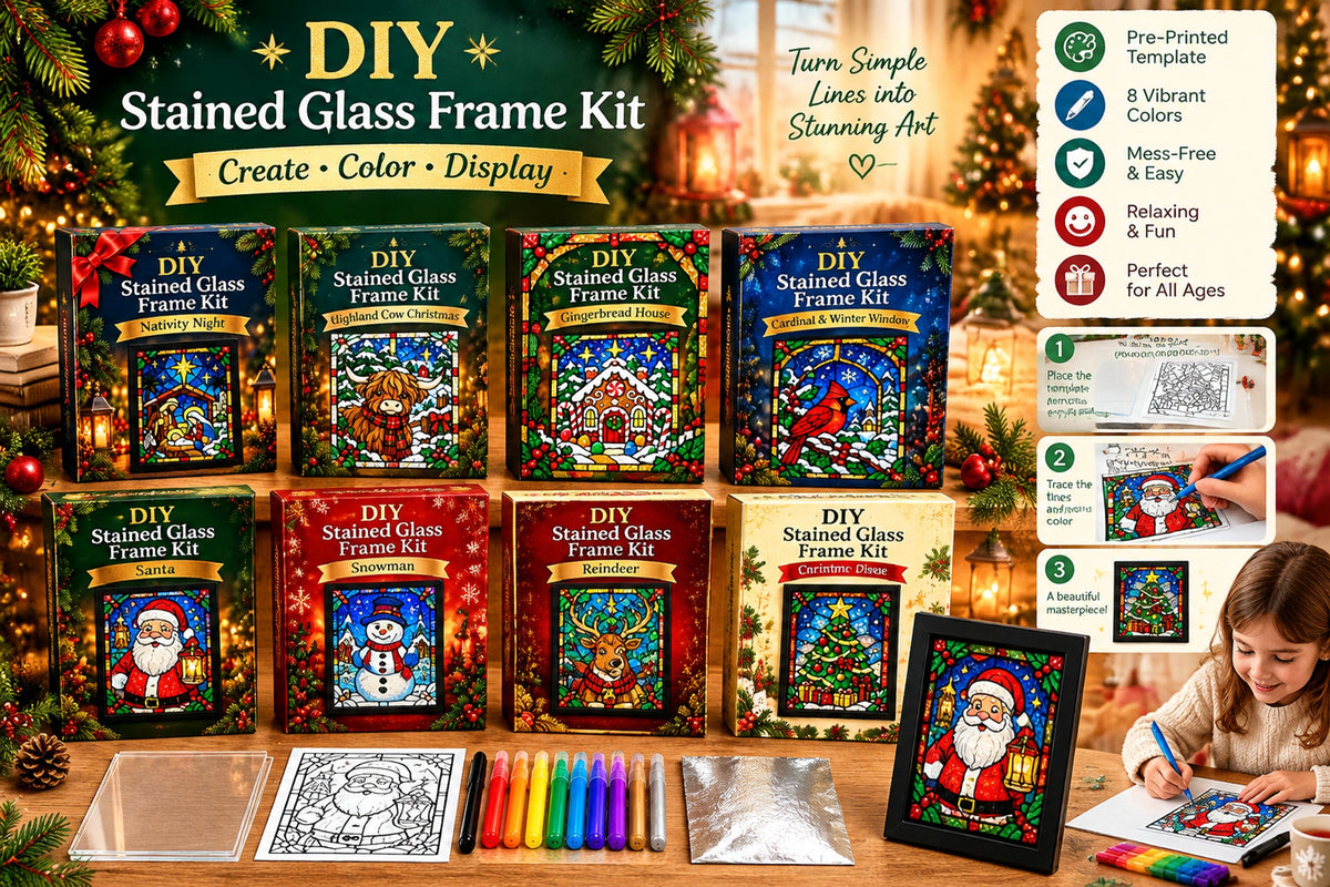 beginner friendly christmas stained glass style frame kit 8 festive designs with pens foil frame landing 06