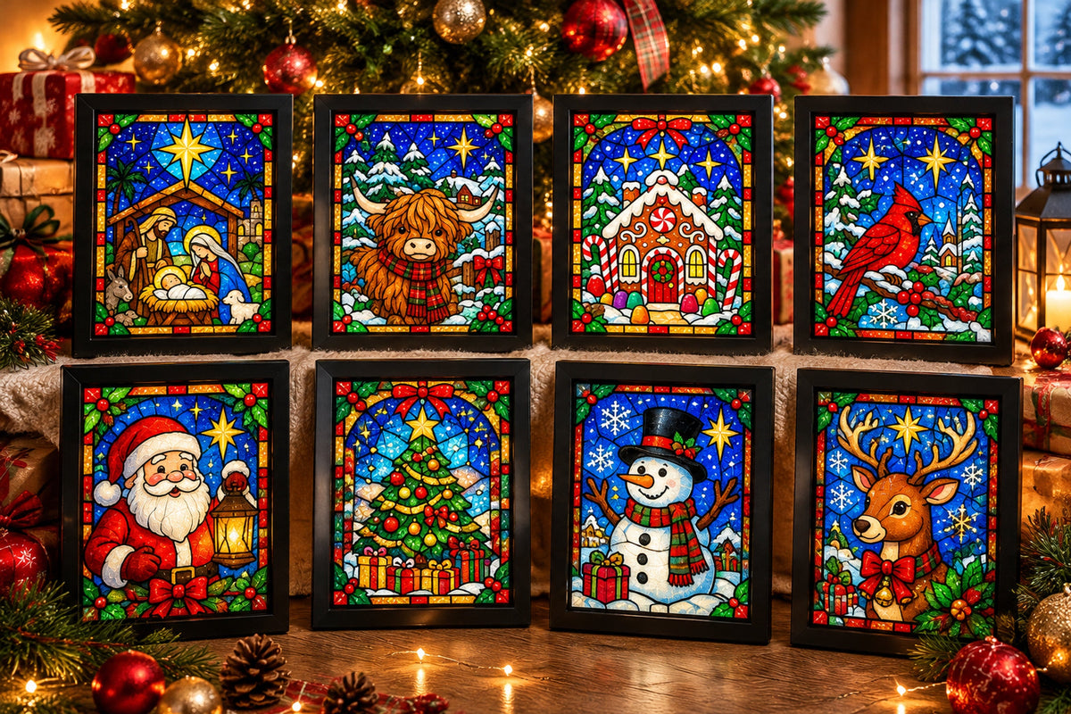 beginner friendly christmas stained glass style frame kit 8 festive designs with pens foil frame landing 08
