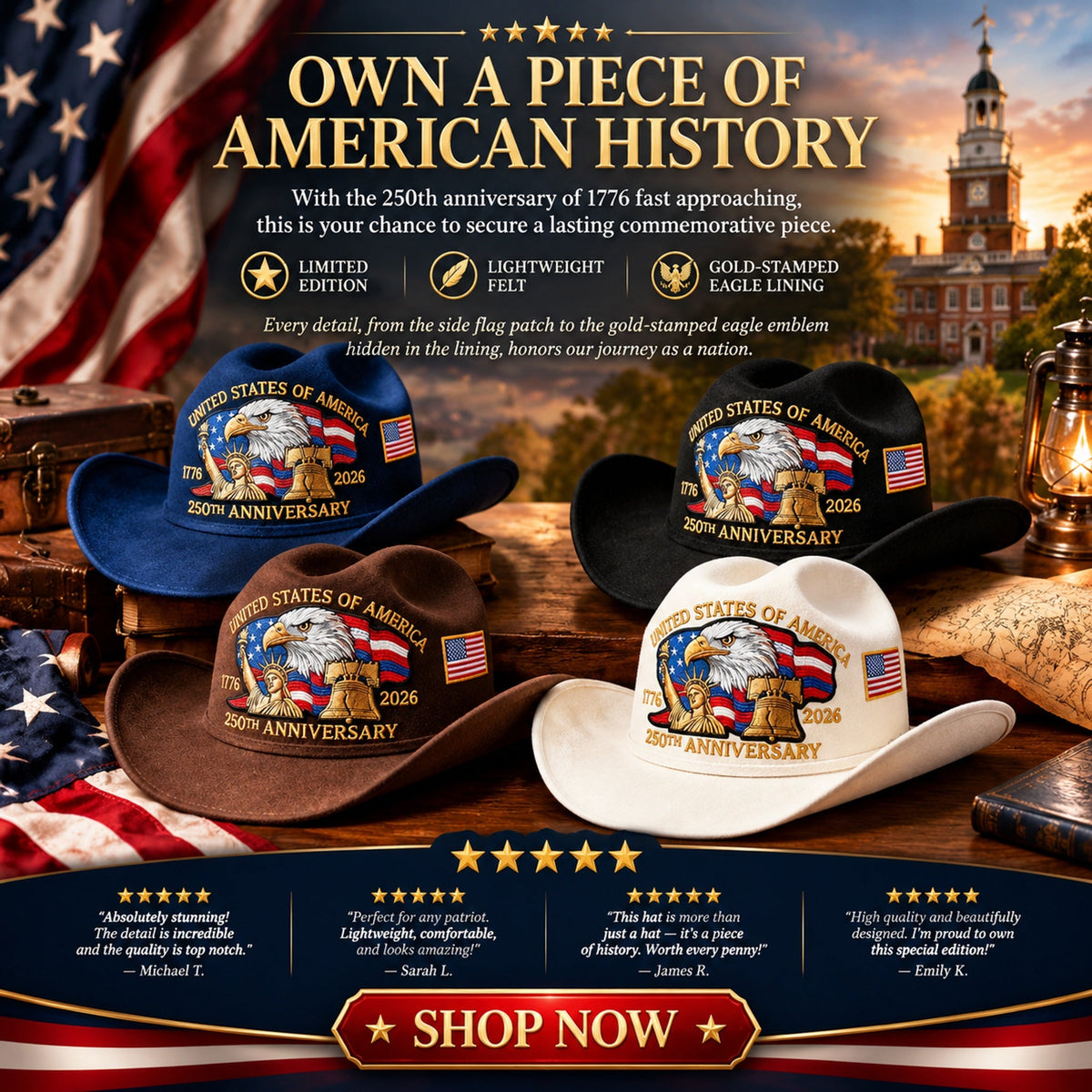 u s 250th anniversary edition unisex felt cowboy hat landing 09