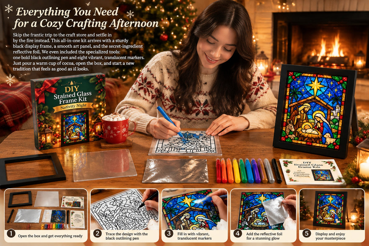 beginner friendly christmas stained glass style frame kit 8 festive designs with pens foil frame landing 07