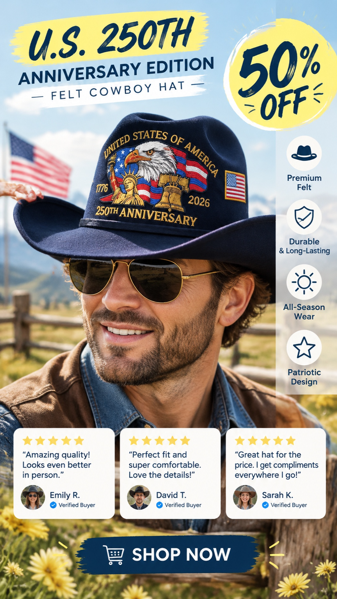 u s 250th anniversary edition unisex felt cowboy hat landing 02