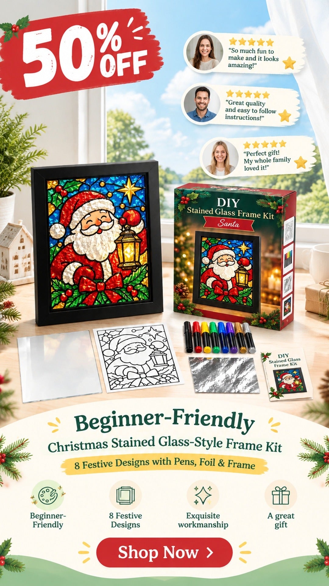 beginner friendly christmas stained glass style frame kit 8 festive designs with pens foil frame landing 02
