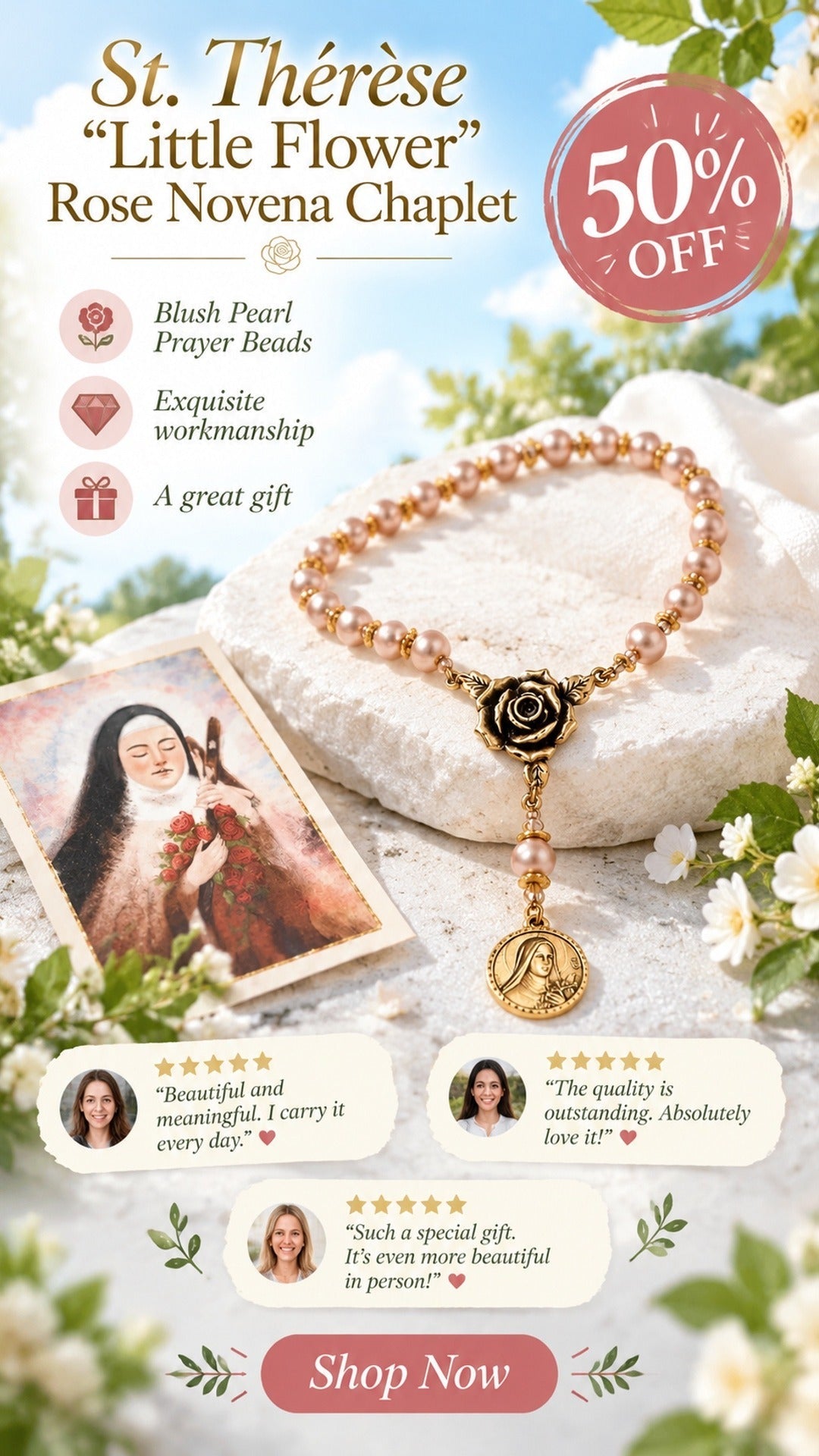 st therese little flower rose novena chaplet blush pearl prayer beads landing 02
