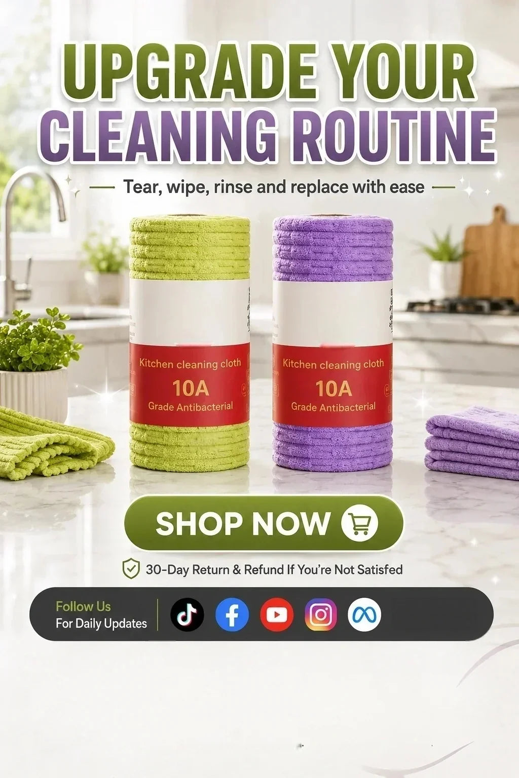 🧽 Reusable Tear-Off Cleaning Cloth Roll – Tear, Wipe, Wash & Reuse