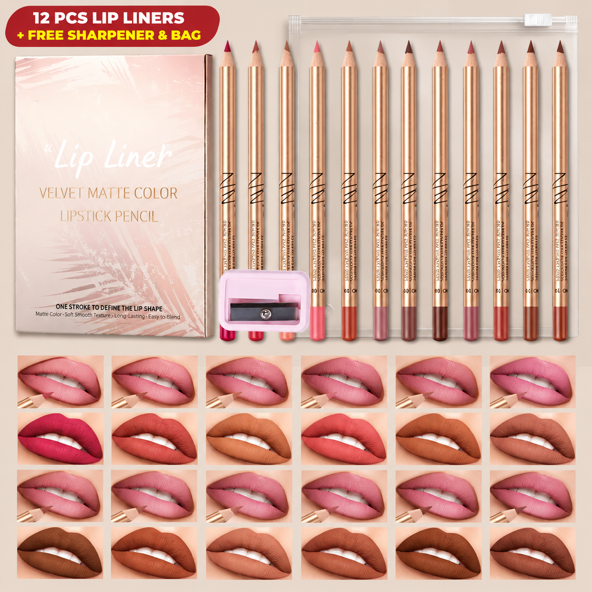 12 Pcs Matte Lip Liner Set with Sharpener, Blendable Lip Pencil 💋