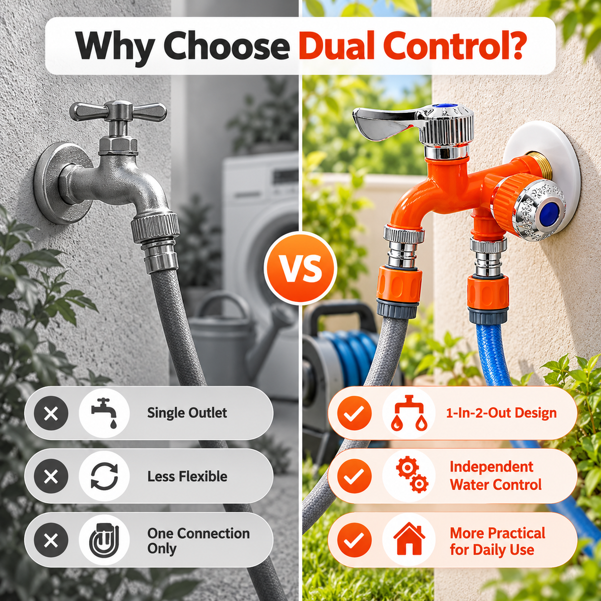 🔧 1-In-2-Out Plastic Water Tap – Dual Independent Control Valves, 3/4" Universal Fit, Leak-Proof Ceramic Core, All-Weather Resistant