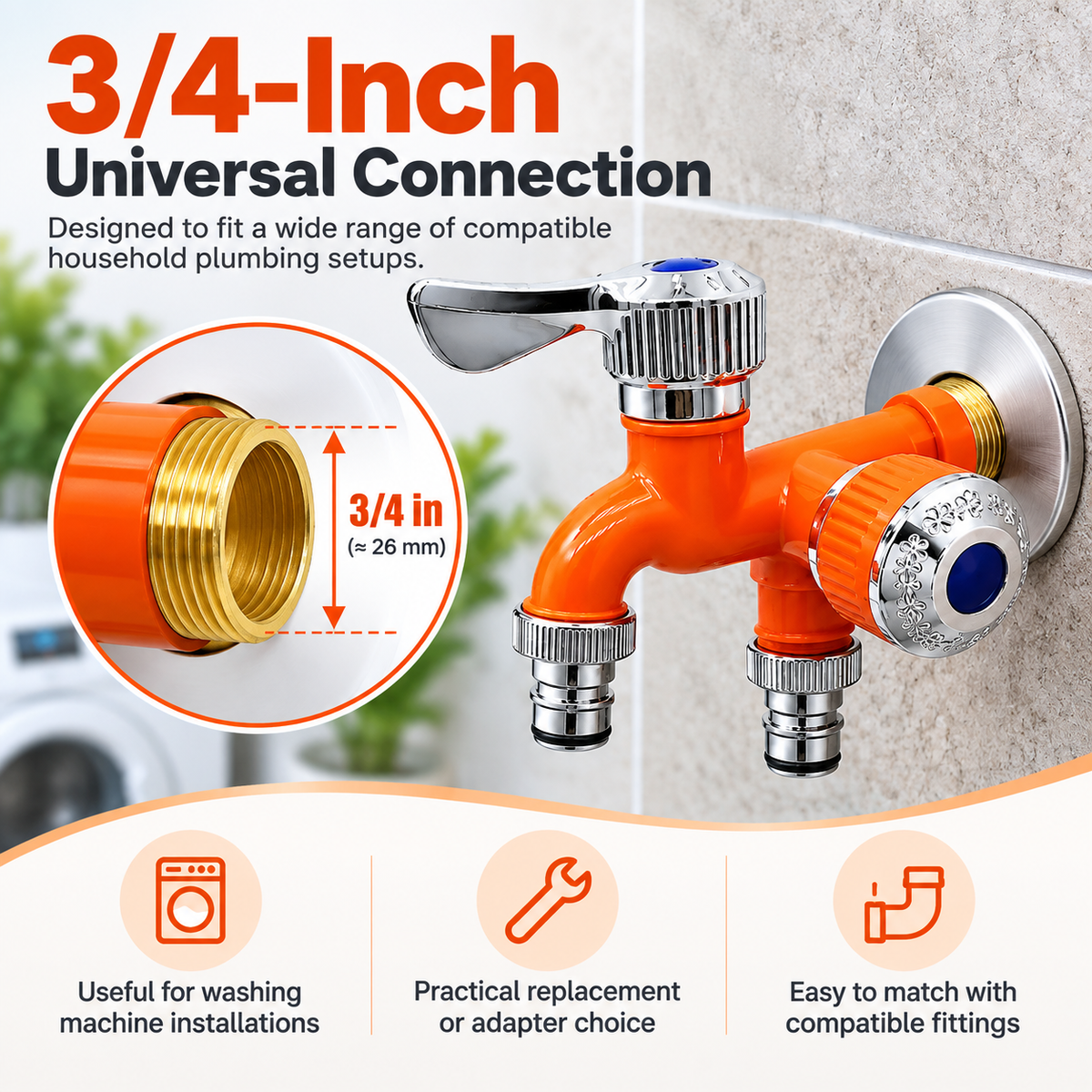 🔧 1-In-2-Out Plastic Water Tap – Dual Independent Control Valves, 3/4" Universal Fit, Leak-Proof Ceramic Core, All-Weather Resistant