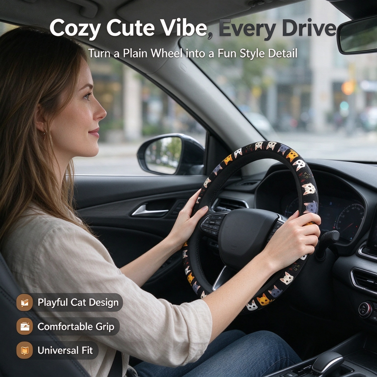 cute cat pet themed pattern single pack car steering wheel cover comfortable grip landing 06