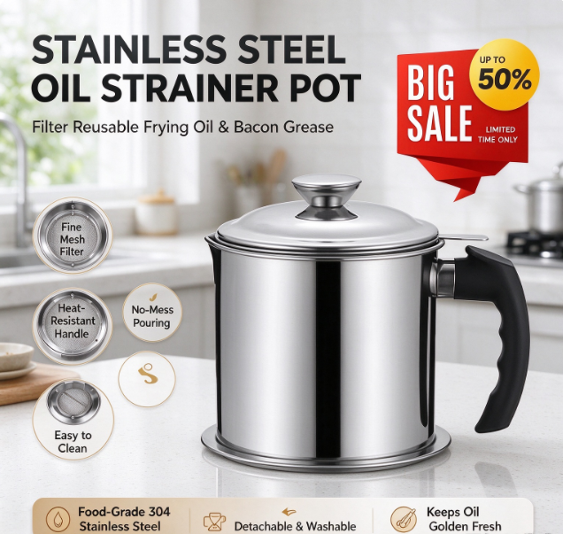 🔥Limited-time offer: 50% OFF🧺Stainless Steel Oil Strainer Pot with Fine Mesh Filter & Wooden Handle