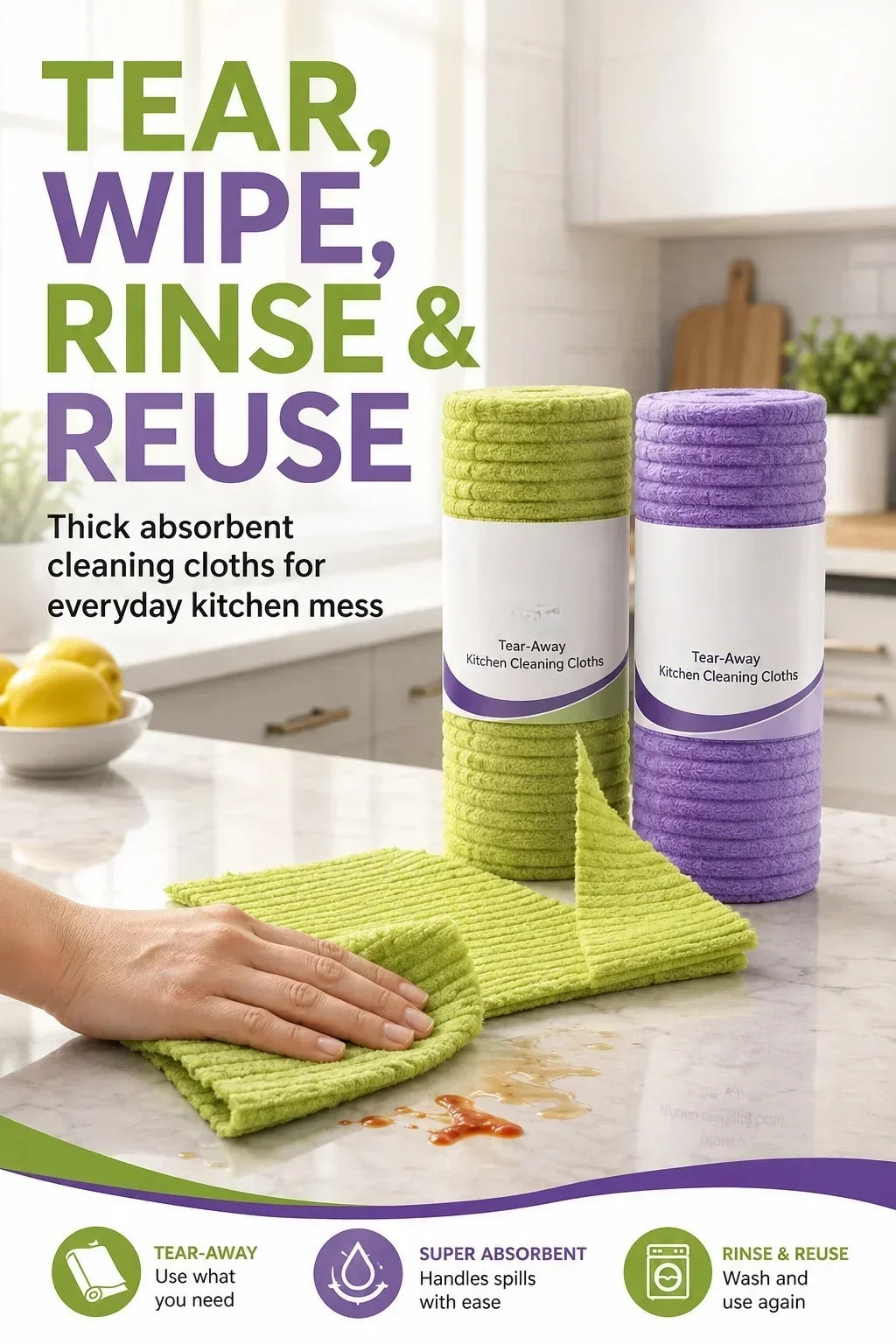 🧽 Reusable Tear-Off Cleaning Cloth Roll – Tear, Wipe, Wash & Reuse