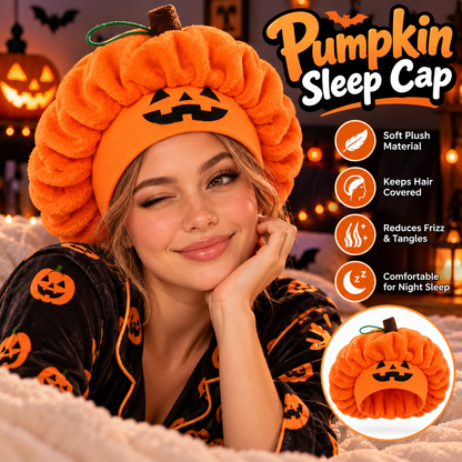 🎃 Pumpkin Sleep Bonnet – Fluffy Jack-O’-Lantern Hair Cap for Cozy Nights, Skincare & Halloween Fun