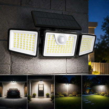 Solar Outdoor Security Spotlights, 2500LM 3-Head Dimmable Adjustable Wall Mount Lights with 3 Modes, IP65 Waterproof, 2 Years Warranty, for Garage, Festival Gift