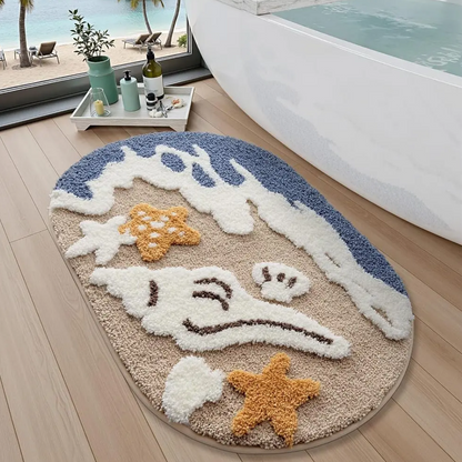 Coastal Beach Bathroom Rug – Soft Absorbent Non-Slip Bath Mat with Starfish & Seashell Design