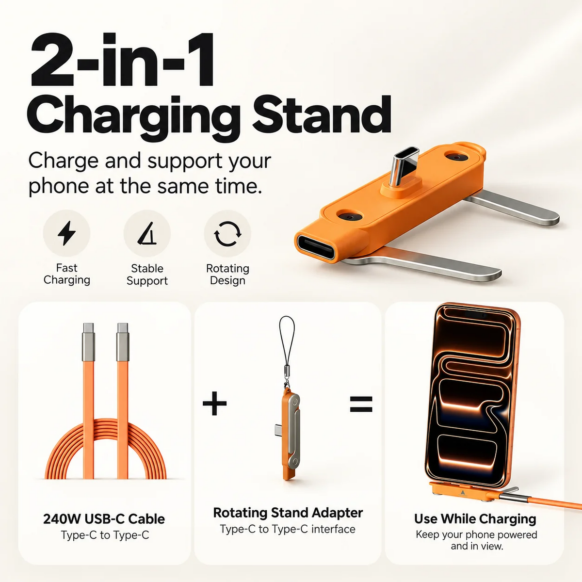 240w supercharge durable 2 in 1 detachable usb c power cable charger zinc alloy silicone type c cable 360 rotating invisible stand single head adapter for smartphones ideal for gaming car use landing 09