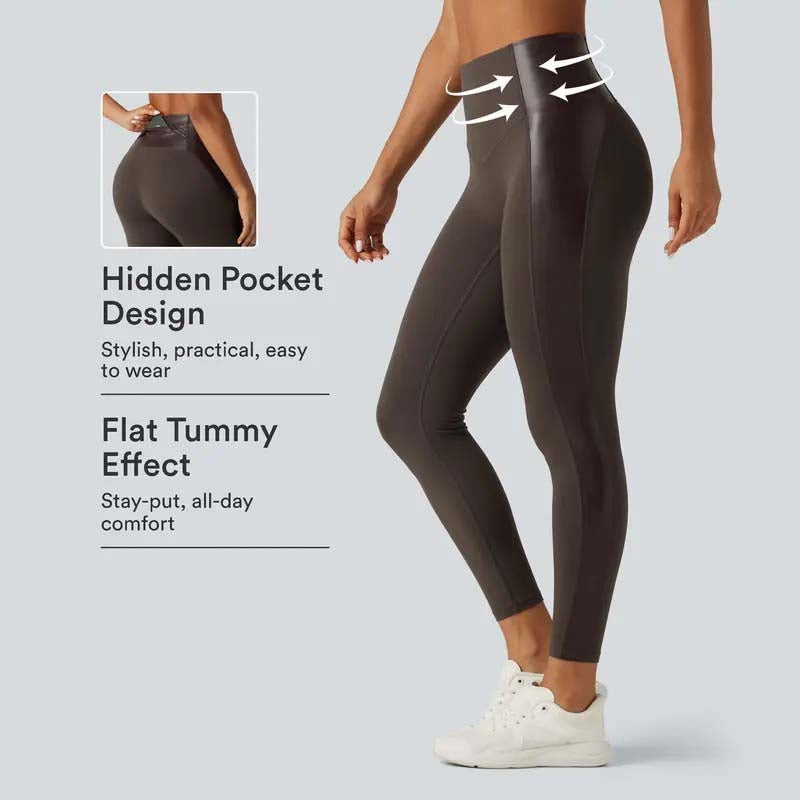 High Waisted Stretchy PU Tummy Control Yoga Leggings with Pocket 🖤✨