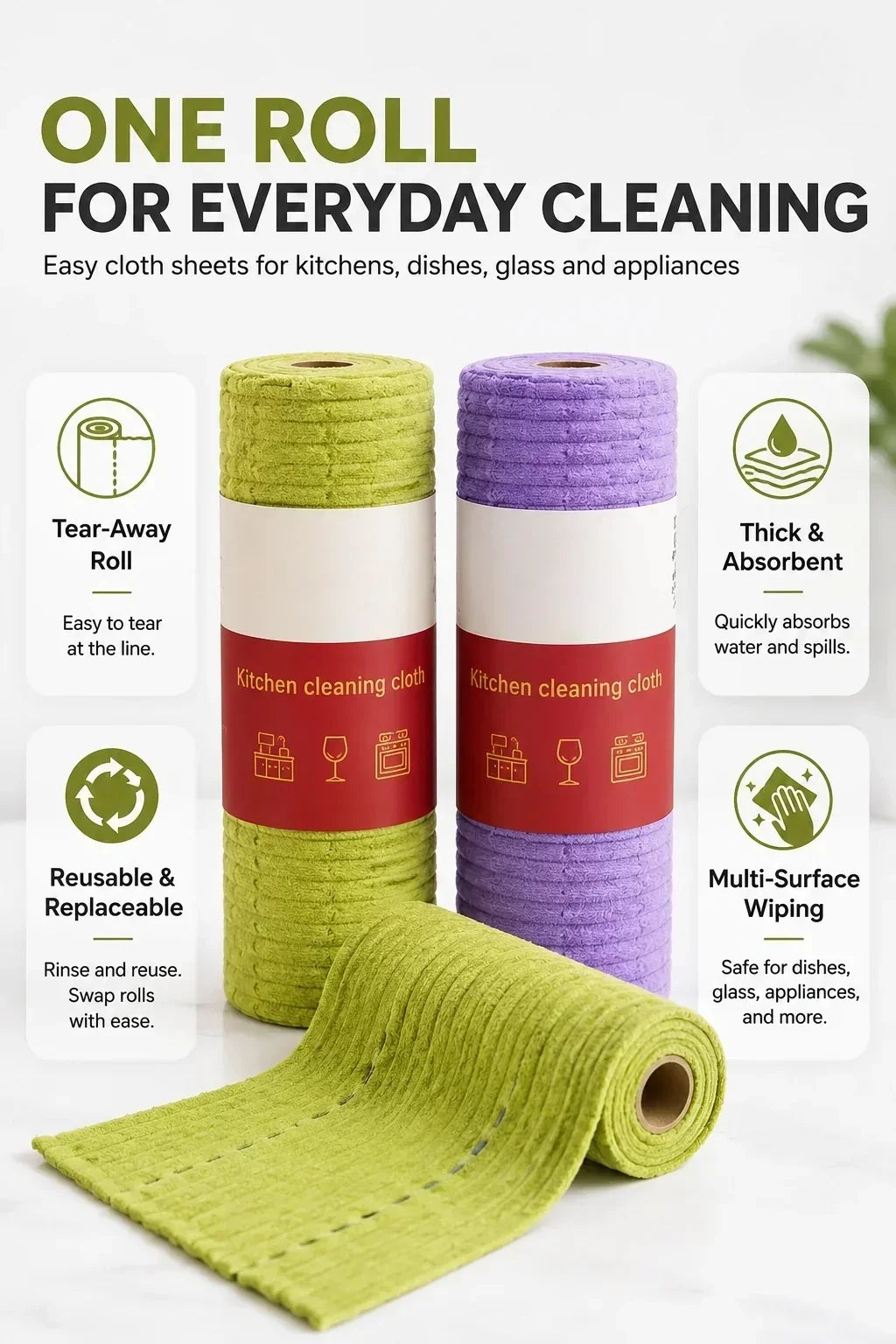 🧽 Reusable Tear-Off Cleaning Cloth Roll – Tear, Wipe, Wash & Reuse