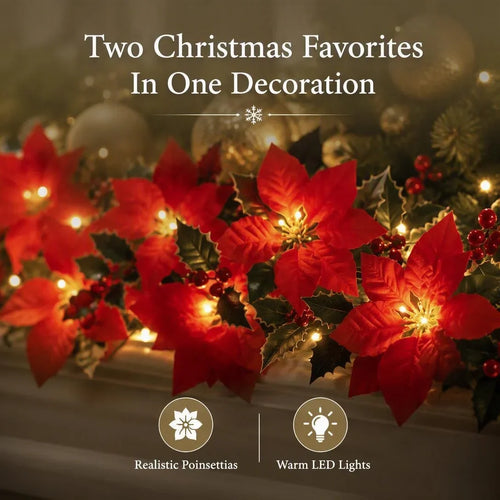 🎁LED Poinsettia Christmas Garland Lights for Holiday Decor