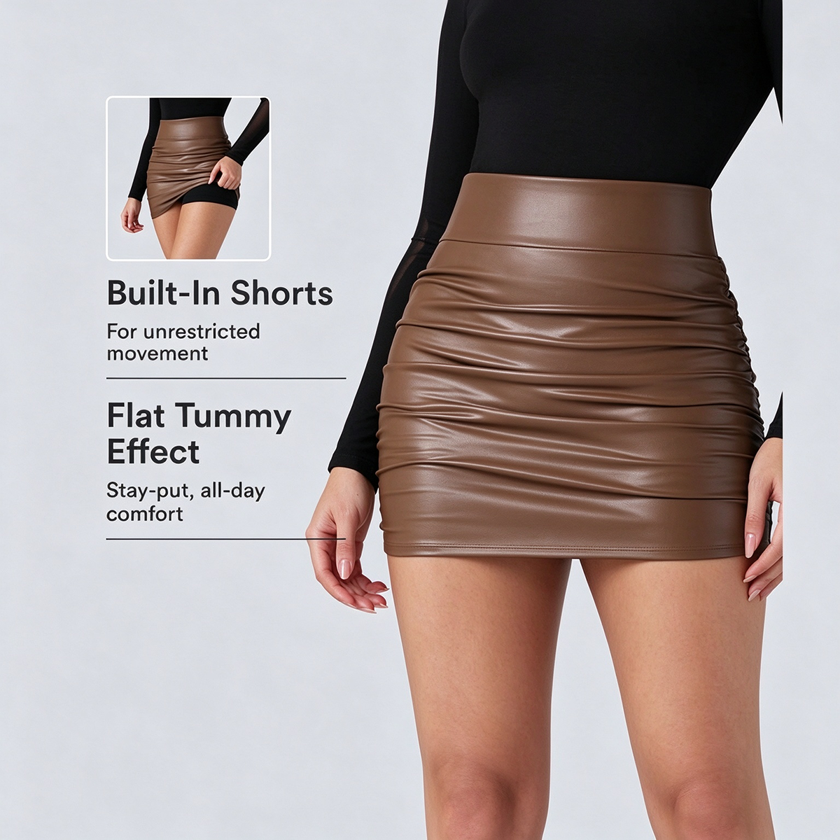 high waisted tummy control ruched curved hem 2 in 1 fleece pu mini bodycon skirt landing 06