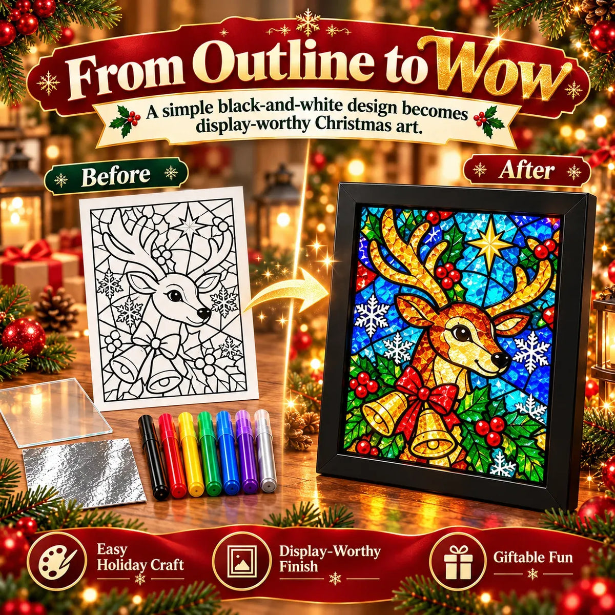 🎄Beginner-Friendly Christmas Stained Glass-Style Frame Kit | 8 Festive Designs with Pens, Foil & Frame ✨
