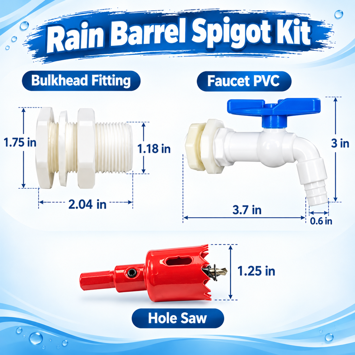 2Pcs Rain Barrel Faucet Kit with Hole Saw and 1/2" PVC Bulkhead Fitting