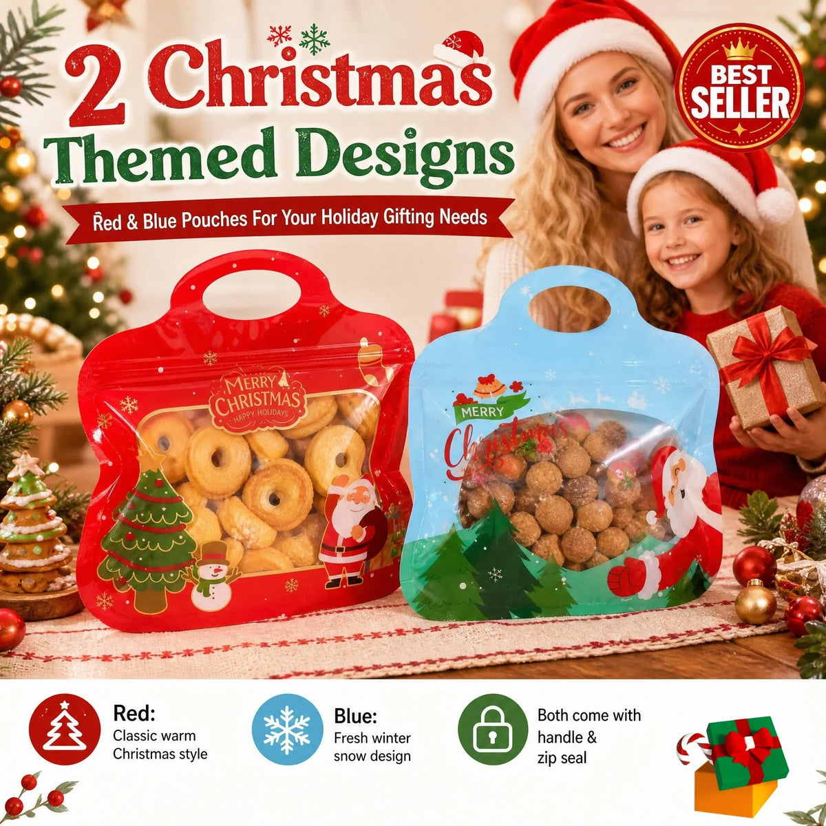 💖LAST DAY SALE 50% OFF!!🎁Easy Fill, Easy Seal🎄 Festive Self-Seal Treat Bags – Santa & Snowman Print | Resealable, Food-Safe & Perfect for Cookies, Chocolates & Little Gifts 🎅⛄