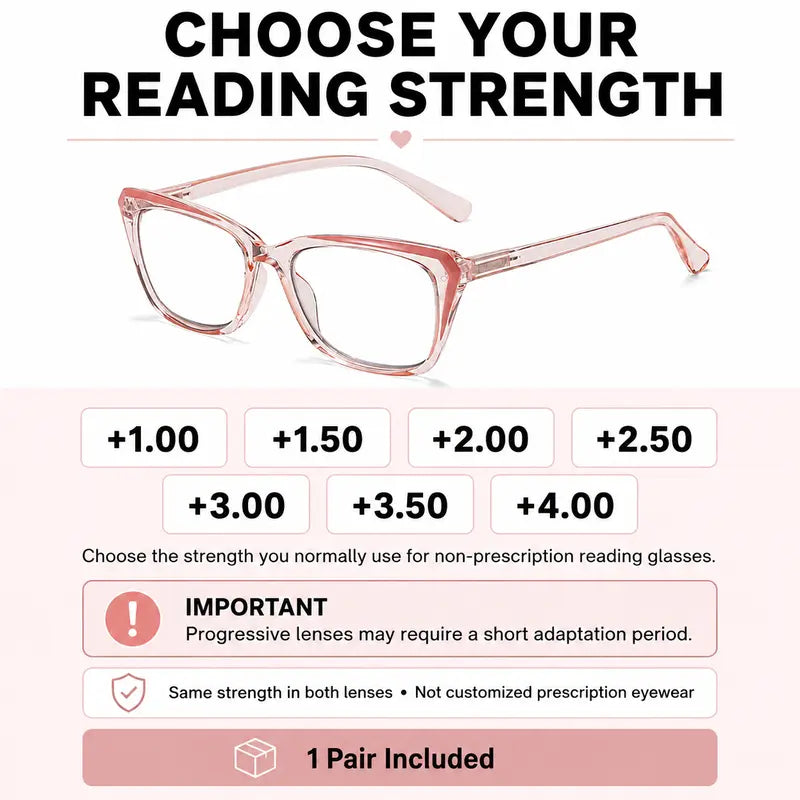 Progressive Photochromic Readers for Women, Pink Square Multifocal Reading Glasses 🕶️