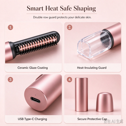 Cordless Mini Heated Hair Straightener Brush Portable Rechargeable Hair Styling Comb for Bangs and Volumizing