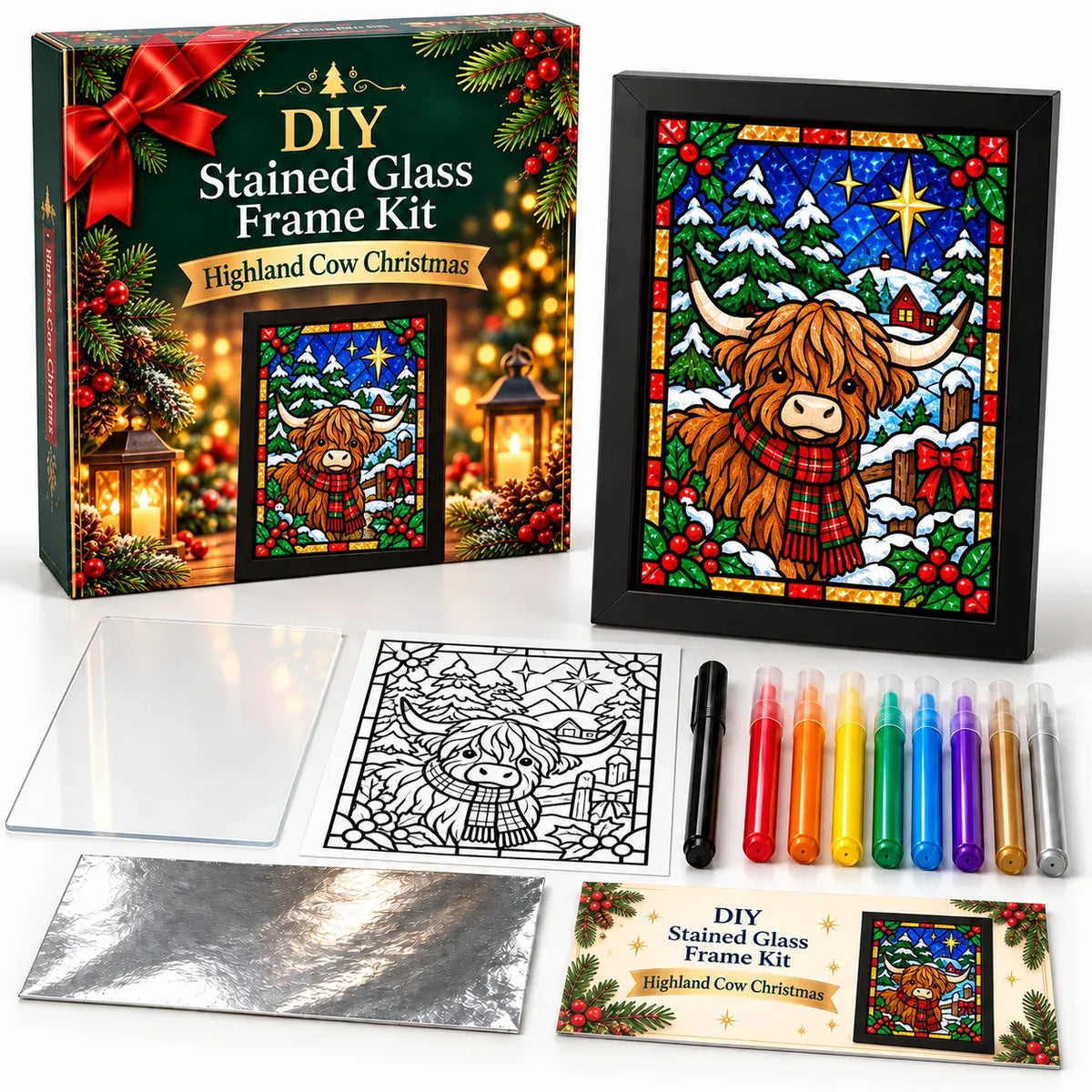 🎄Beginner-Friendly Christmas Stained Glass-Style Frame Kit | 8 Festive Designs with Pens, Foil & Frame ✨