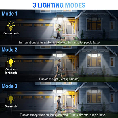 Solar Outdoor Security Spotlights, 2500LM 3-Head Dimmable Adjustable Wall Mount Lights with 3 Modes, IP65 Waterproof, 2 Years Warranty, for Garage, Festival Gift