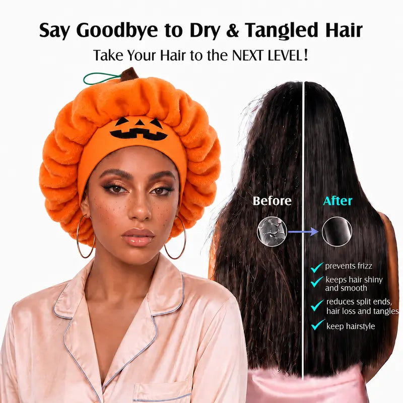 🎃 Pumpkin Sleep Bonnet – Fluffy Jack-O’-Lantern Hair Cap for Cozy Nights, Skincare & Halloween Fun