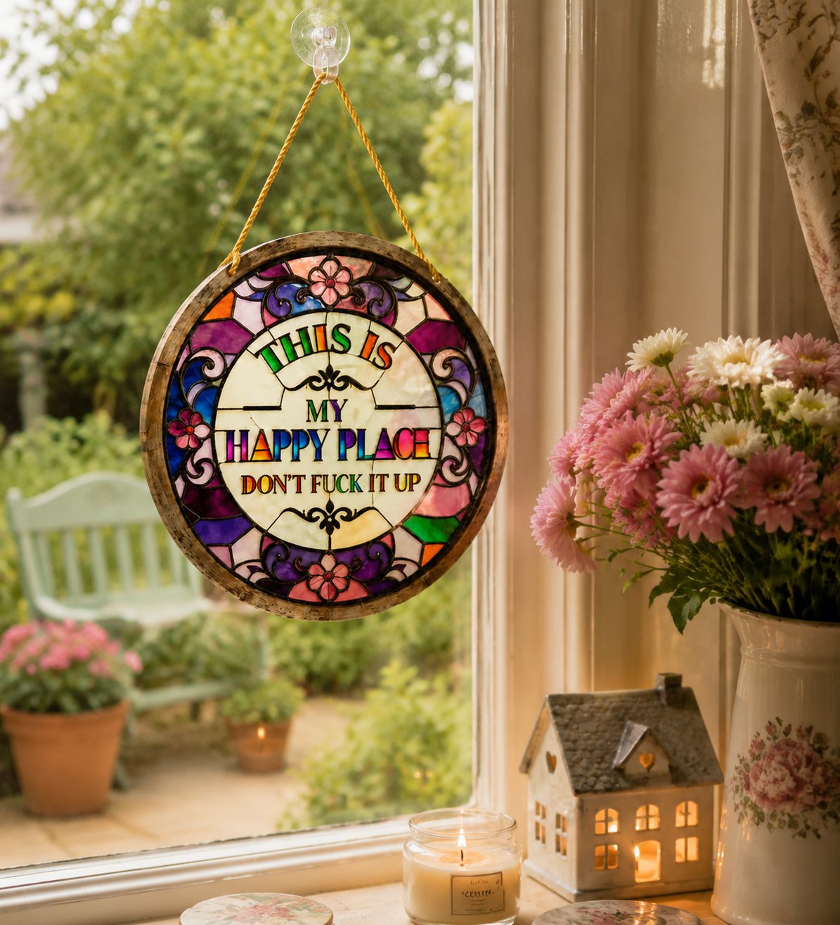 🔥 LAST DAY 49% OFF – 🌈Happy Place Hanging Suncatcher | Sunlight-Catching Quote Decor for Windows, Porches, Patios & Gifts ✨