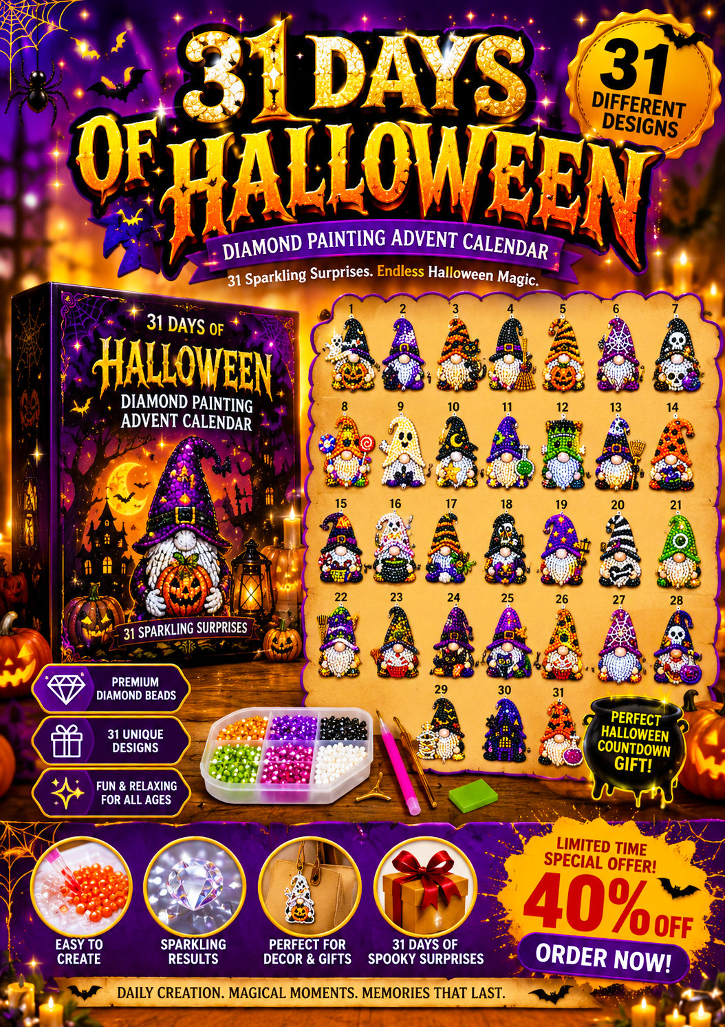 🎉🇺🇸 Limited Edition!🔥🔥 👻 Countdown to Halloween Magic! 🎃✨ 31-Day Gnome Diamond Art Advent Calendar – Create a New Sparkling Surprise Every Day! 💎