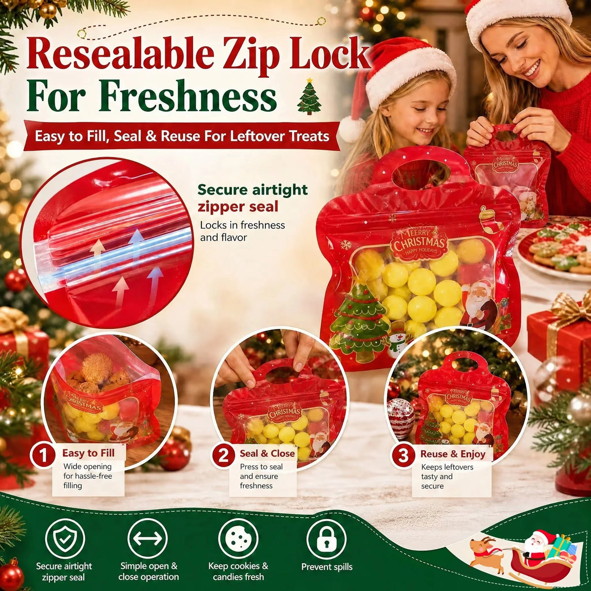 💖LAST DAY SALE 50% OFF!!🎁Easy Fill, Easy Seal🎄 Festive Self-Seal Treat Bags – Santa & Snowman Print | Resealable, Food-Safe & Perfect for Cookies, Chocolates & Little Gifts 🎅⛄