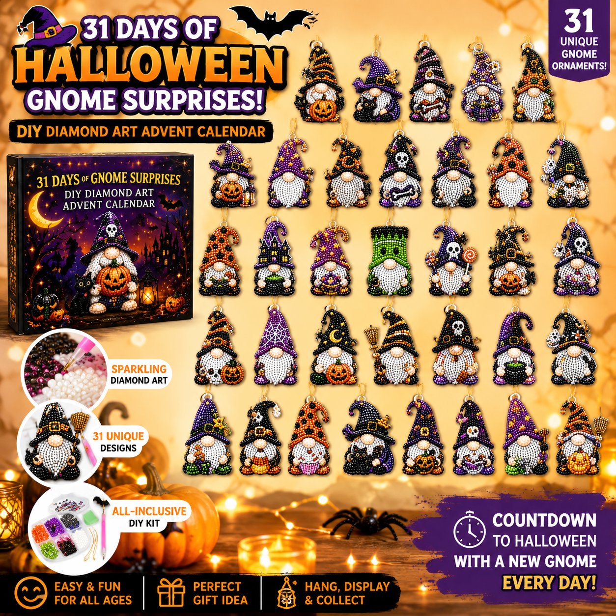 🎉🇺🇸 Limited Edition!🔥🔥 👻 Countdown to Halloween Magic! 🎃✨ 31-Day Gnome Diamond Art Advent Calendar – Create a New Sparkling Surprise Every Day! 💎