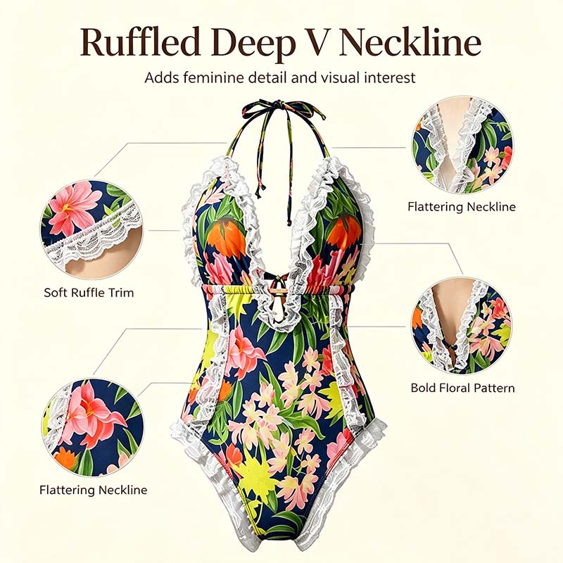 Aprilake Women's One Piece Halter V-neck Printing👙