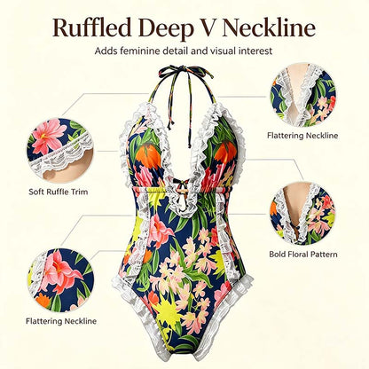 Aprilake Women's One Piece Halter V-neck Printing👙