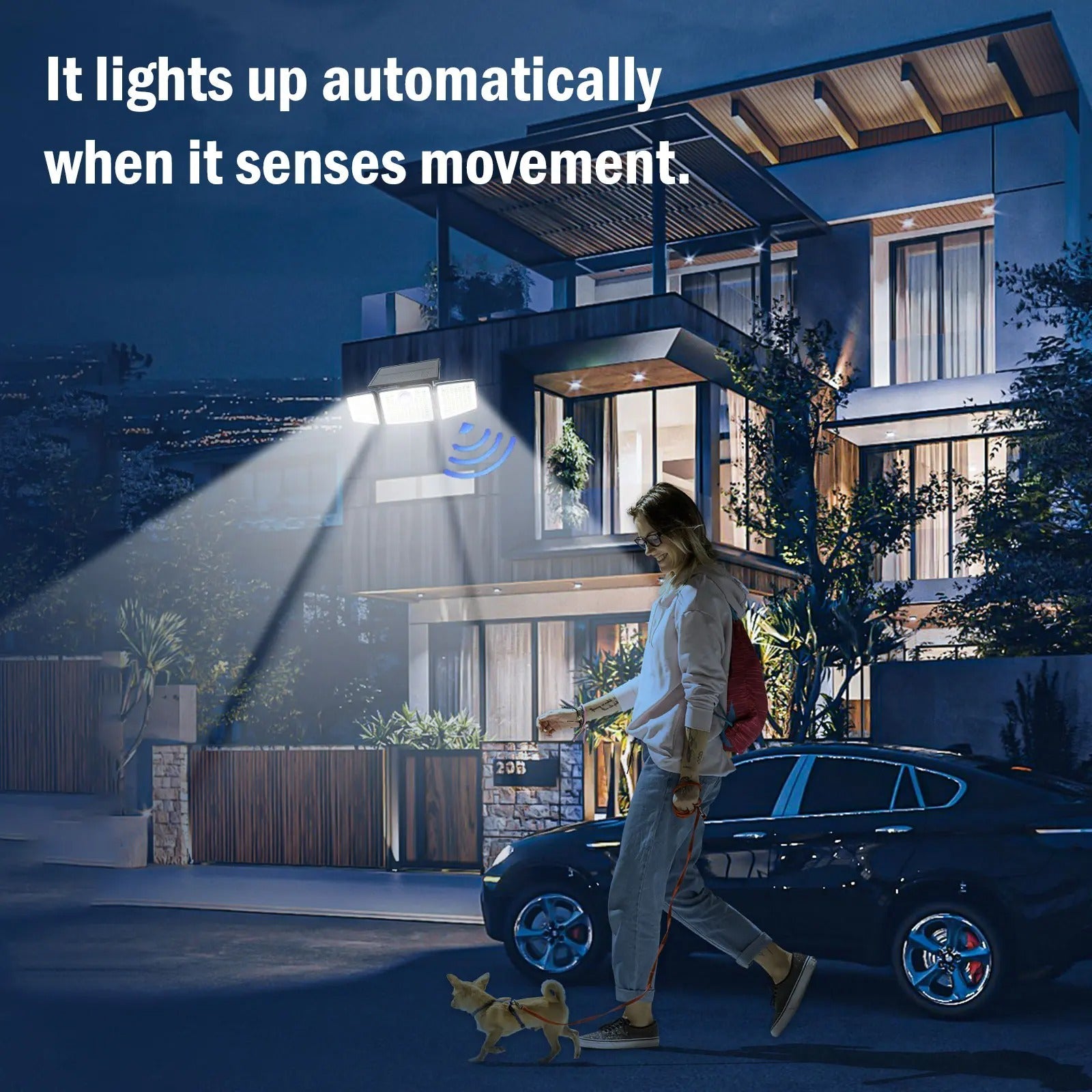 Solar Outdoor Security Spotlights, 2500LM 3-Head Dimmable Adjustable Wall Mount Lights with 3 Modes, IP65 Waterproof, 2 Years Warranty, for Garage, Festival Gift