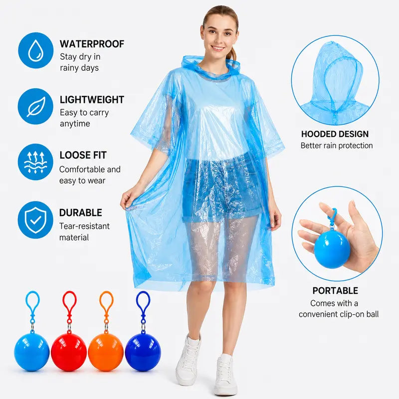 Hooded Disposable Rain Poncho-Random Color, Waterproof Tear-Resistant Portable Raincoat with Keychain Ball 🌧️ ☔