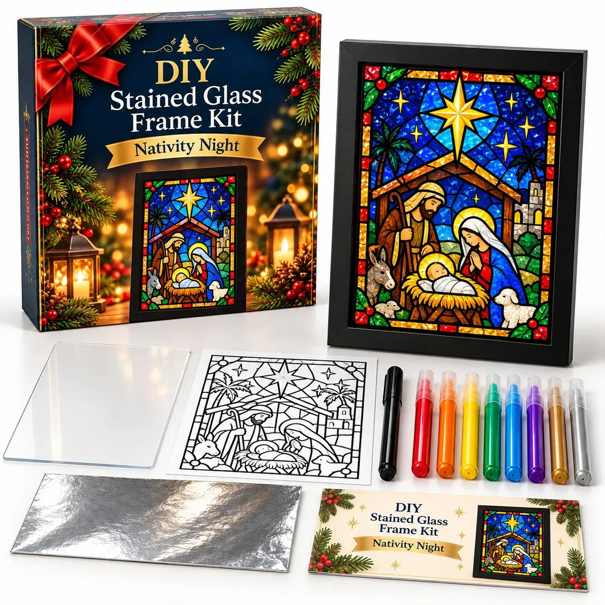 🎄Beginner-Friendly Christmas Stained Glass-Style Frame Kit | 8 Festive Designs with Pens, Foil & Frame ✨