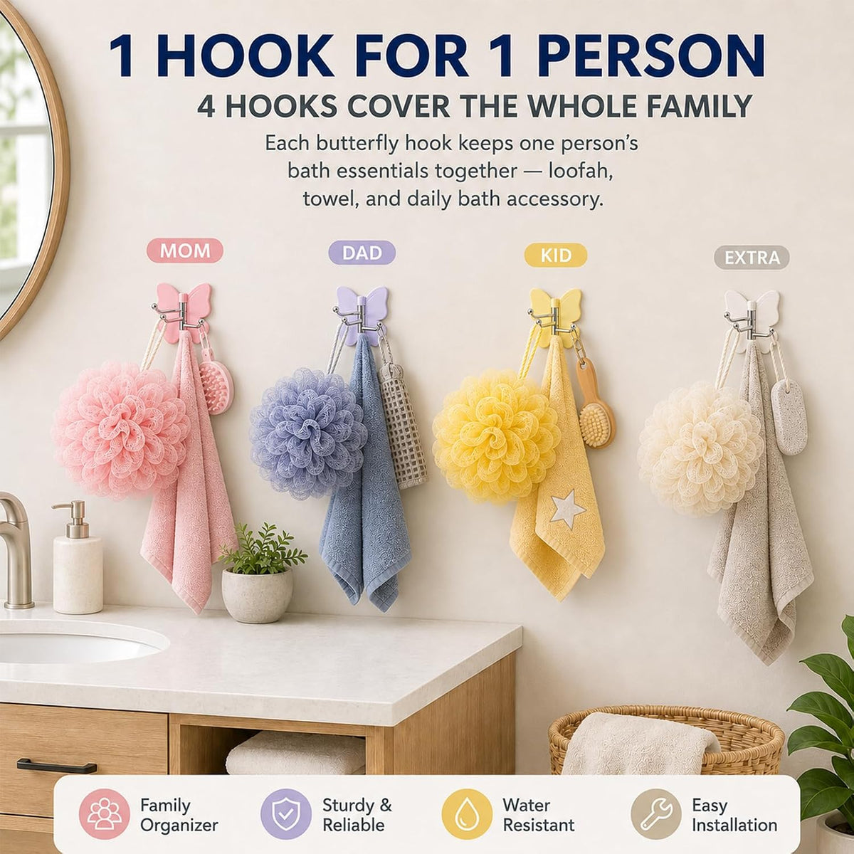 6-Pack Rotating Butterfly Adhesive Wall Hooks – No-Drill Towel & Key Organizer